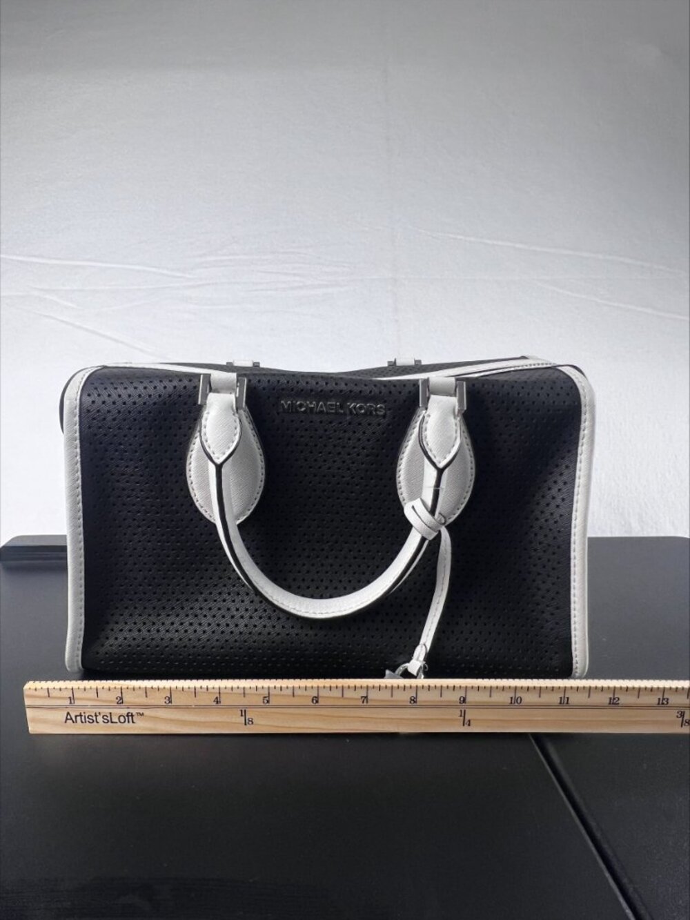 Michael Kors Black & White Perforated Leather Satchel Purse Silver Hardware - Picture 2 of 10